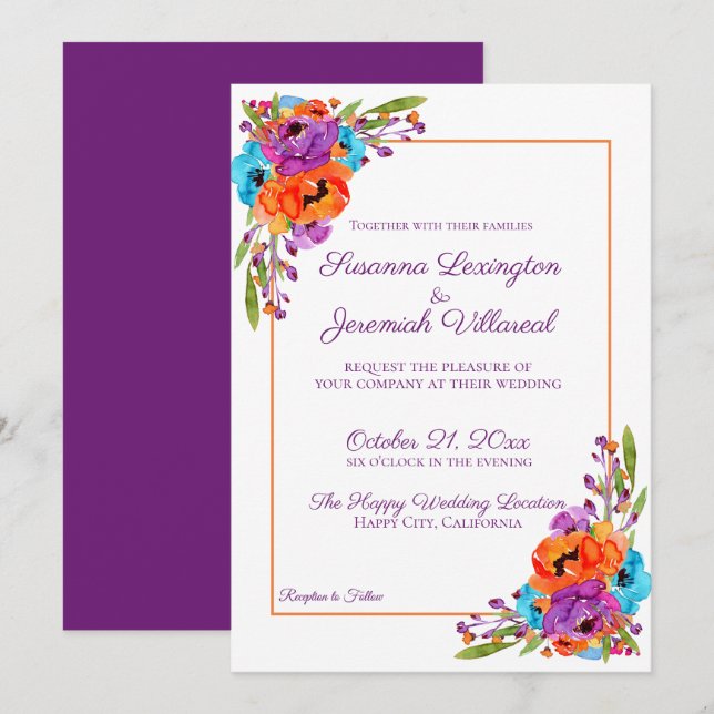 Invitación Boda de acuarela floral Naranja turquesa púrpura (Anverso / Reverso)