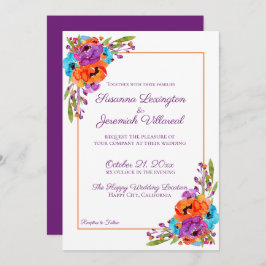 Invitación Boda de acuarela floral Naranja turquesa púrpura