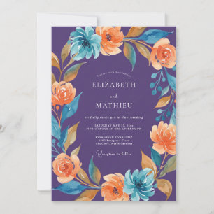 Invitación Boda de Acuarela Floral Naranja Verde Aguamarina P