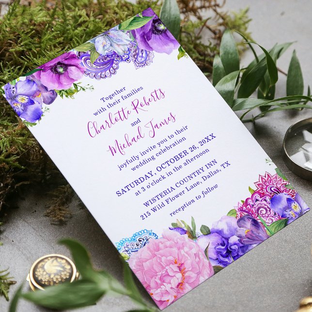Invitación Boda de acuarela Floral Purple Paisley (Subido por el creador)