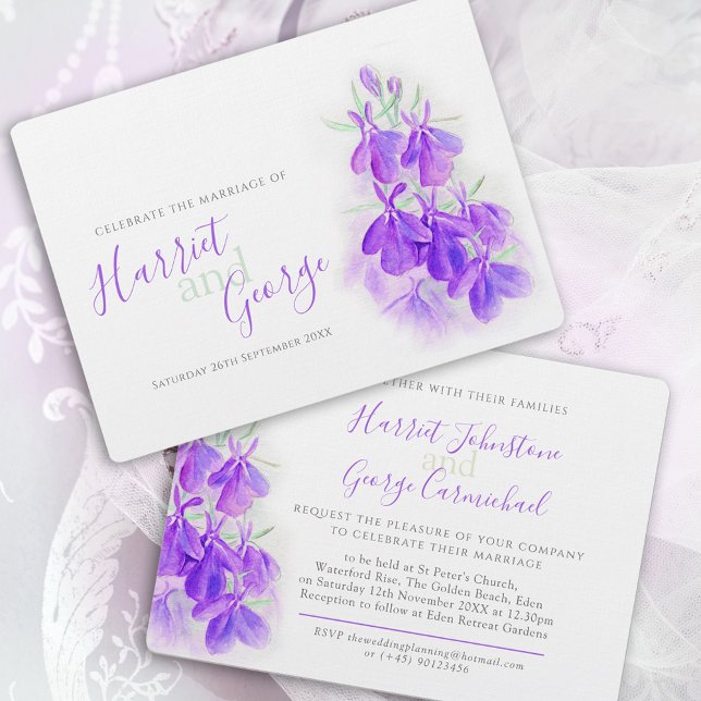 Invitación Boda de acuarela floral púrpura de Lobelia (Subido por el creador)