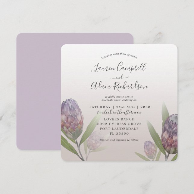 Invitación Boda de acuarela floral púrpura tropical (Anverso / Reverso)