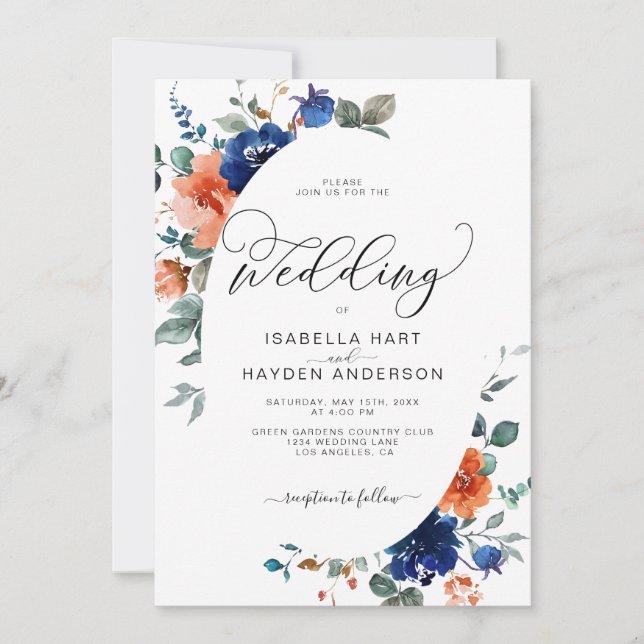 Invitación Boda de acuarela floral quemada por Naranja de la  (Anverso)