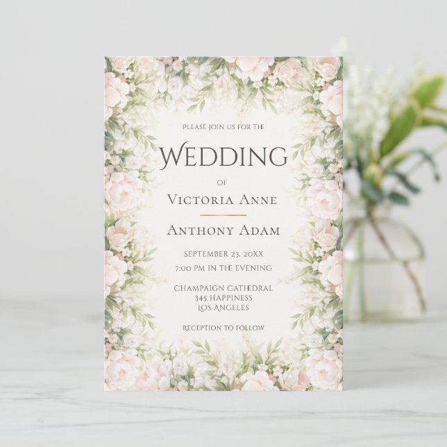 Invitación Boda de acuarela floral rosa  (Anverso de pie)