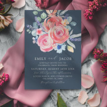 Boda de Acuarela Floral Rosa Azul Oscuro Moderno