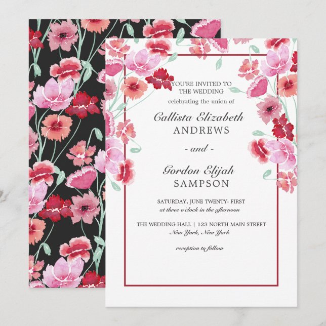 Invitación Boda de acuarela floral rosa de coral (Anverso / Reverso)