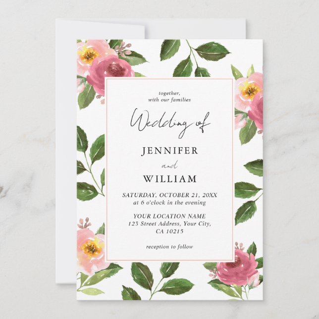 Invitación Boda de acuarela floral rosa de Rubor (Anverso)