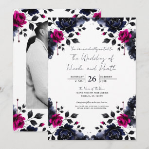 Invitación Boda de acuarela floral rosa magenta y azul