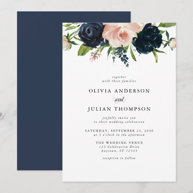 Invitación Boda de acuarela floral Rosa Navy Blue y Rubor (Anverso / Reverso)