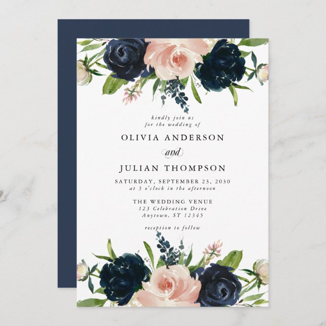 Invitación Boda de acuarela floral Rosa Navy Blue y Rubor (Anverso / Reverso)