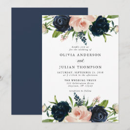 Invitación Boda de acuarela floral Rosa Navy Blue y Rubor