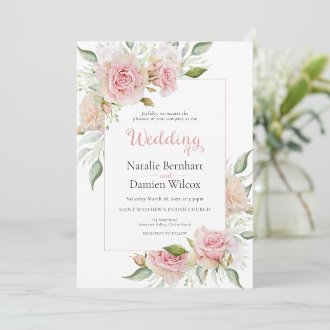 Invitación Boda de acuarela floral rosa pastel (Anverso de pie)