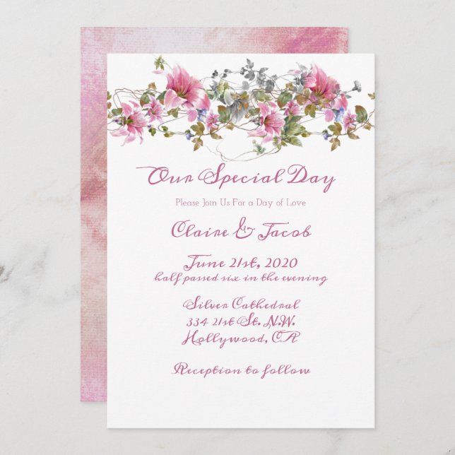 Invitación Boda de acuarela floral rosa romántico (Anverso / Reverso)