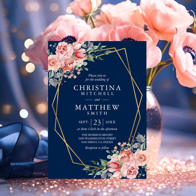 Invitación Boda de acuarela floral rosa sonrosado azul marino (Watercolor Floral Blush Pink Navy Blue Wedding Invitation)