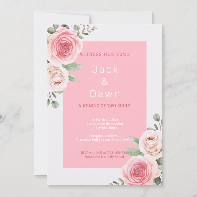 Invitación Boda de acuarela floral rosa y blanca (Anverso)