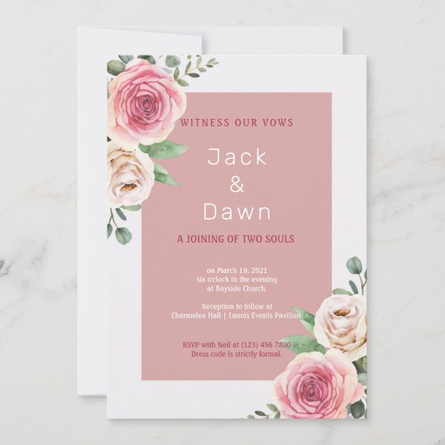 Invitación Boda de acuarela floral rosa y blanca (Anverso)