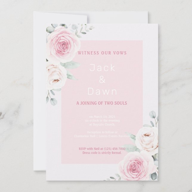Invitación Boda de acuarela floral rosa y blanca (Anverso)