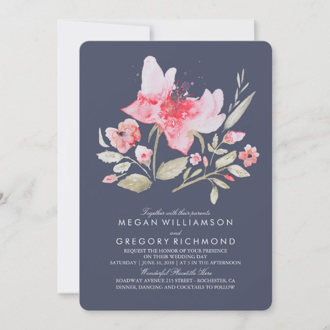 Invitación Boda de acuarela floral rosa y marina (Anverso)