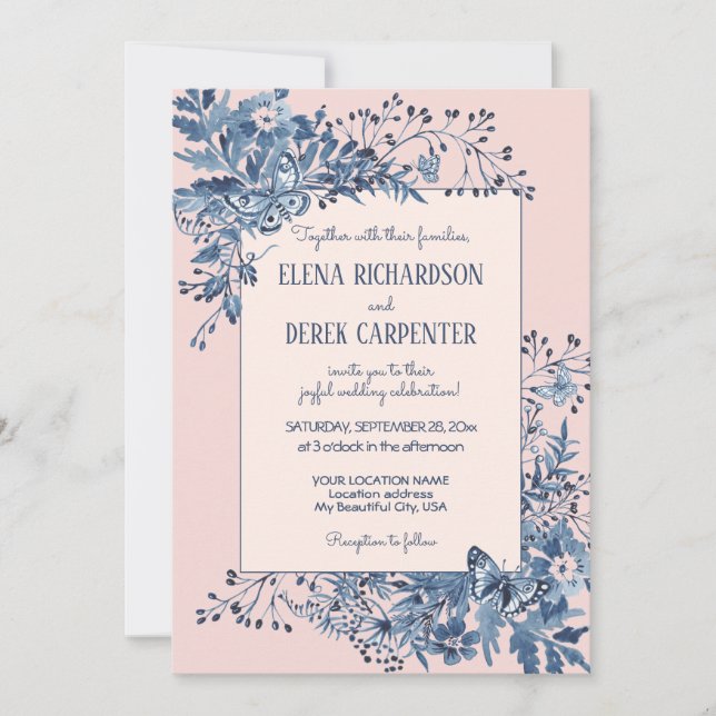 Invitación Boda de acuarela floral rosa y turbia Rubor (Anverso)
