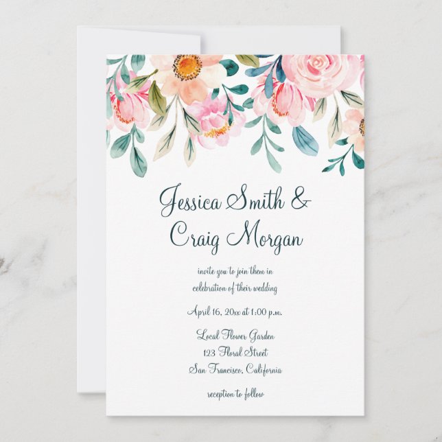 Invitación Boda de acuarela floral rosa y Verde azulada de co (Anverso)