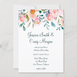 Invitación Boda de acuarela floral rosa y Verde azulada de co
