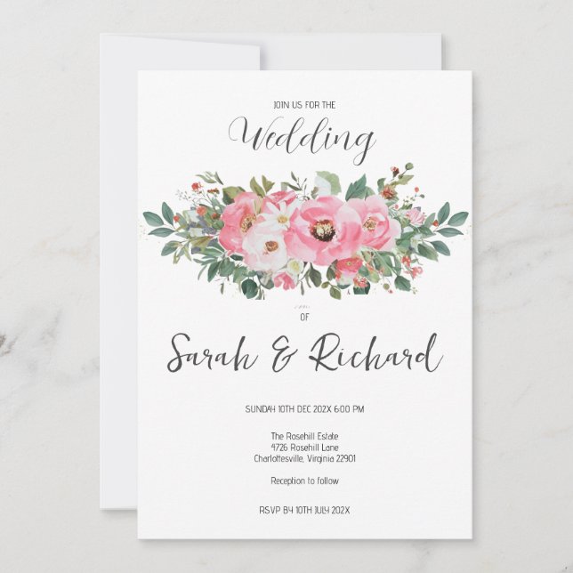 Invitación Boda de acuarela floral rosada de verano primavera (Anverso)