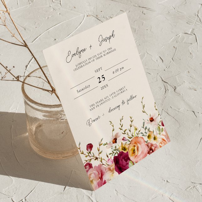 Invitación Boda de acuarela floral rosada rosa de Borgoña (Subido por el creador)