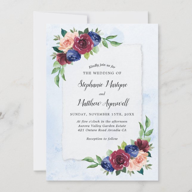 Invitación Boda de acuarela floral Rubor Blue Burgundy de la  (Anverso)