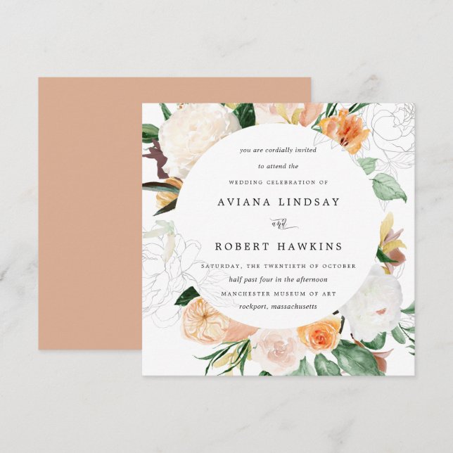 Invitación Boda de acuarela floral rustica de otoño (Anverso / Reverso)