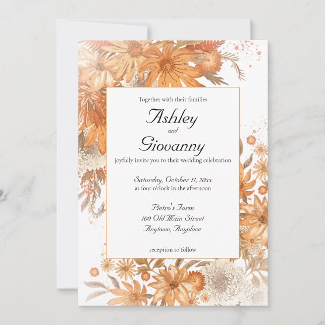 Invitación Boda de Acuarela Floral Rústica de Otoño  (Anverso)