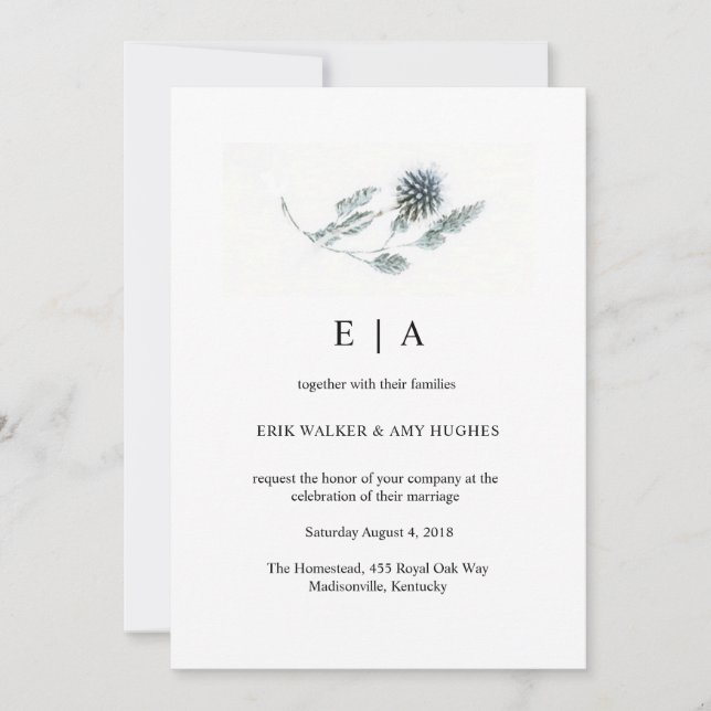 Invitación Boda de acuarela floral simple con guijarros azule (Anverso)