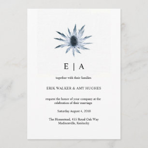 Invitación Boda de acuarela floral simple con guijarros azule