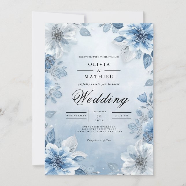 Invitación Boda de acuarela floral suave azul (Anverso)