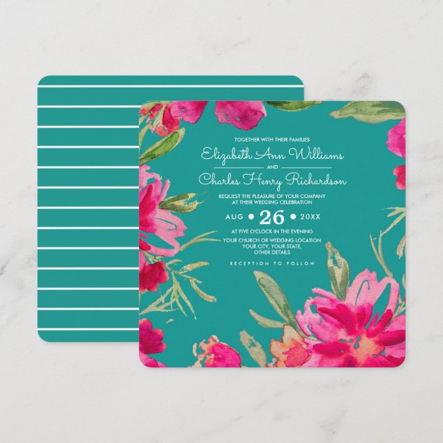 Invitación Boda de acuarela floral turquesa Fuchsia (Anverso / Reverso)