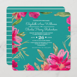 Invitación Boda de acuarela floral turquesa Fuchsia