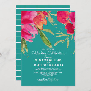 Invitación Boda de acuarela floral turquesa Fuchsia