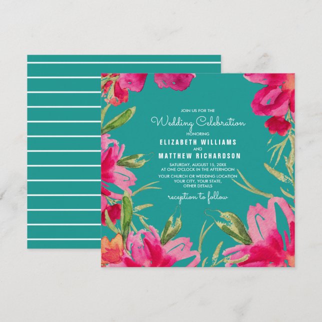 Invitación Boda de acuarela floral turquesa Fuchsia (Anverso / Reverso)