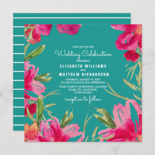 Invitación Boda de acuarela floral turquesa Fuchsia