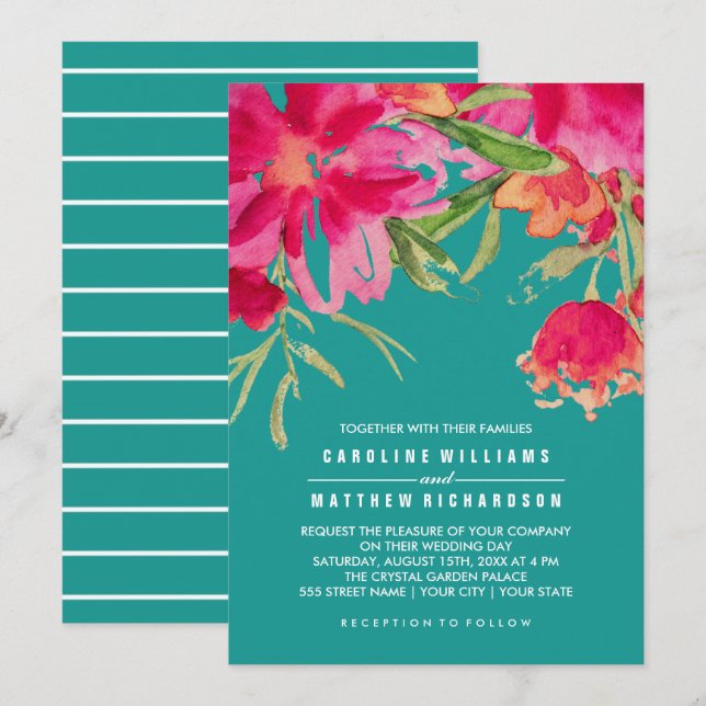 Invitación Boda de acuarela floral turquesa Fuchsia (Anverso / Reverso)