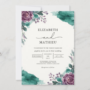 Invitación Boda de acuarela floral Verde azulada Moody