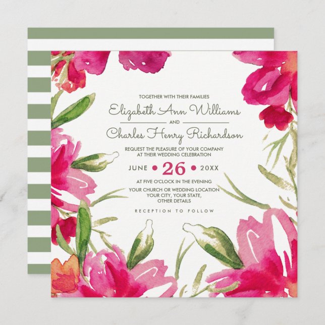 Invitación Boda de acuarela floral verde de Fuchsia (Anverso / Reverso)