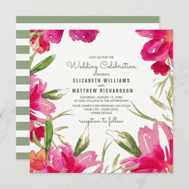 Invitación Boda de acuarela floral verde de Fuchsia (Anverso / Reverso)