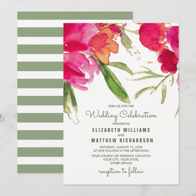 Invitación Boda de acuarela floral verde de Fuchsia (Anverso / Reverso)