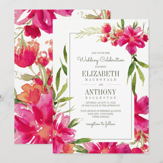 Invitación Boda de acuarela floral verde de Fuchsia románica  (Anverso / Reverso)