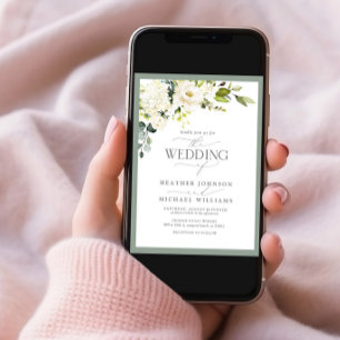 Invitación Boda de acuarela floral verde gris de código QR