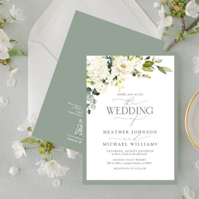 Invitación Boda de acuarela floral verde gris de código QR (Subido por el creador)