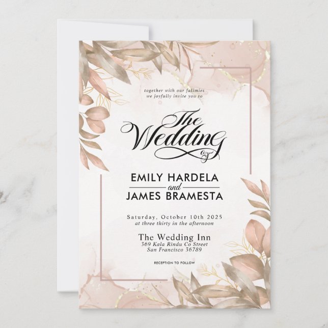 Invitación Boda de acuarela floral verde marrón y beige (Anverso)