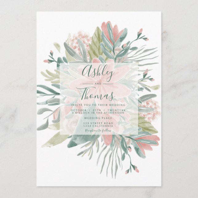 Invitación Boda de acuarela floral verde rosa (Anverso)