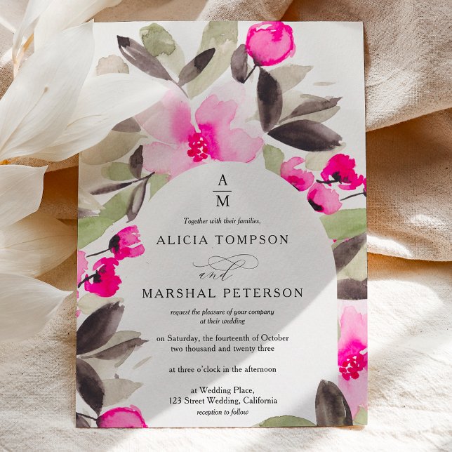 Invitación Boda de acuarela floral verde rosa Boho (Boho pink green floral watercolor wedding invitation)