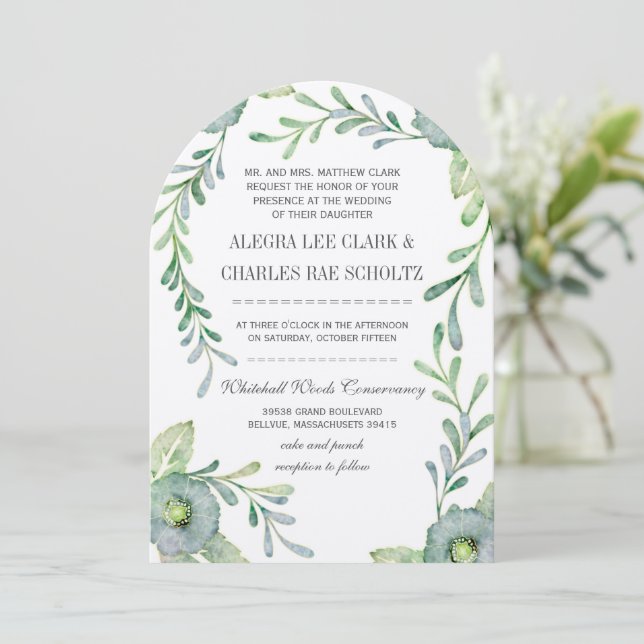 Invitación Boda de acuarela floral verde y azul (Anverso de pie)
